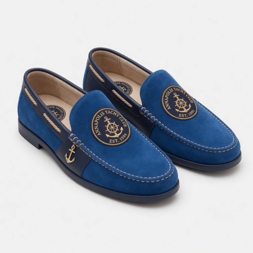 Annapolis Yacht Club cobalt blue suede nautical loafer with embroidered anchor medallion and gold anchor charm