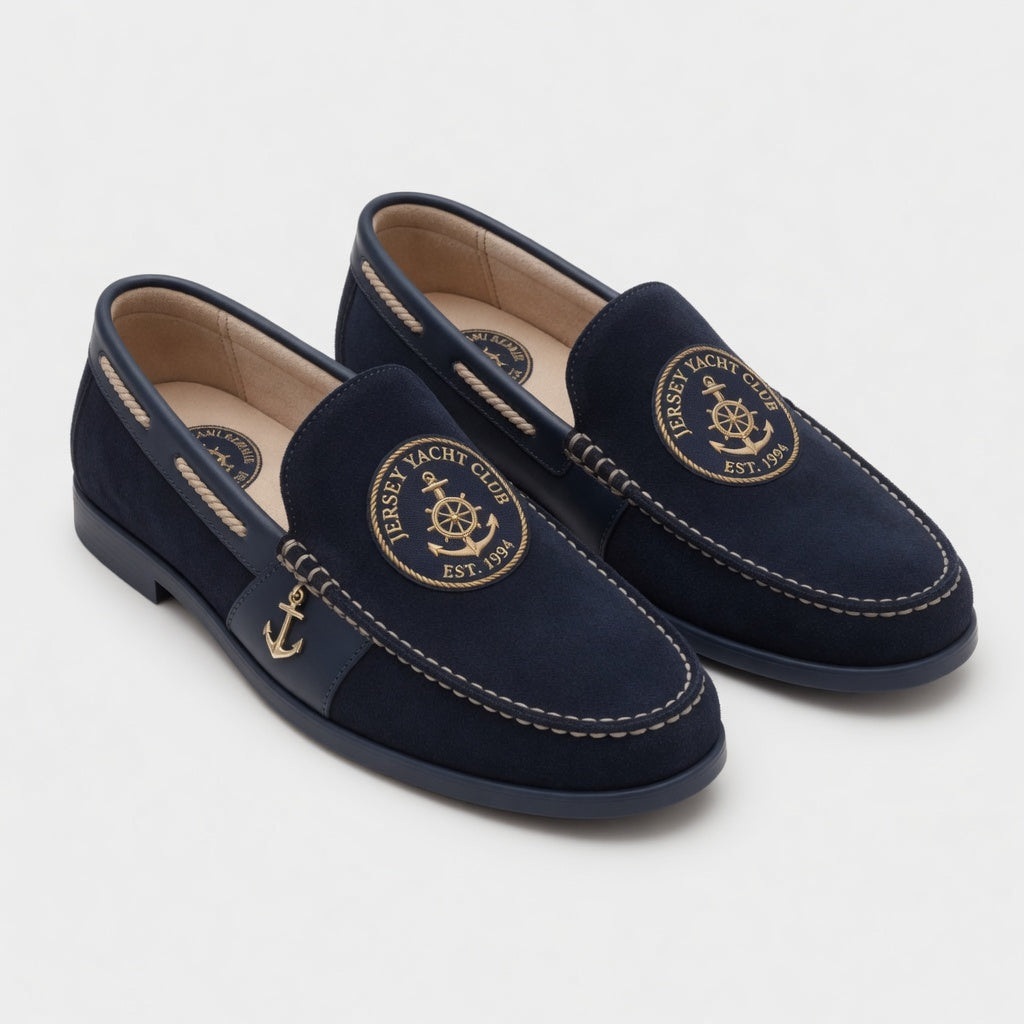 Jersey Yacht Club deep navy suede nautical loafer with gold embroidered anchor medallion and gold anchor charm
