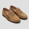Miami Yacht Club sand suede nautical loafer with cognac trim and tone-blended anchor medallion crest and gold anchor charm