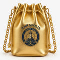 Gold metallic bucket bag with Annapolis Yacht Club nautical medallion and chain strap