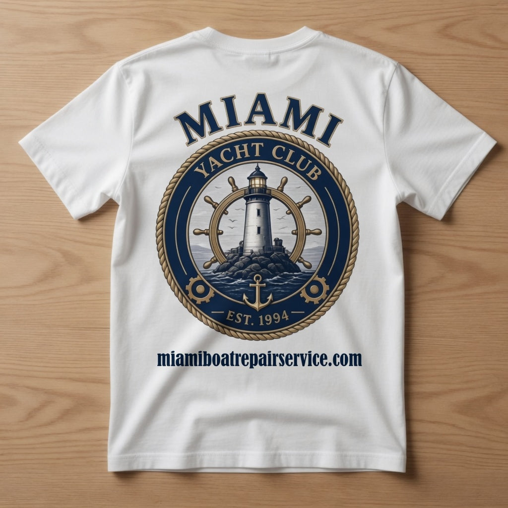 Miami Yacht Club white t-shirt back with large lighthouse ship's wheel graphic and Est. 1994