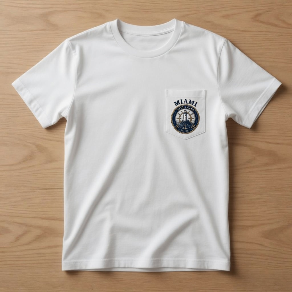 Miami Yacht Club white pocket t-shirt front with chest pocket crest logo