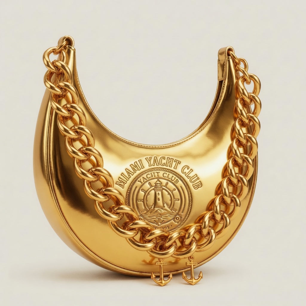 Miami Yacht Club gold metallic crescent hobo bag with embossed lighthouse crest and chunky Cuban-link gold chain strap with anchor charms
