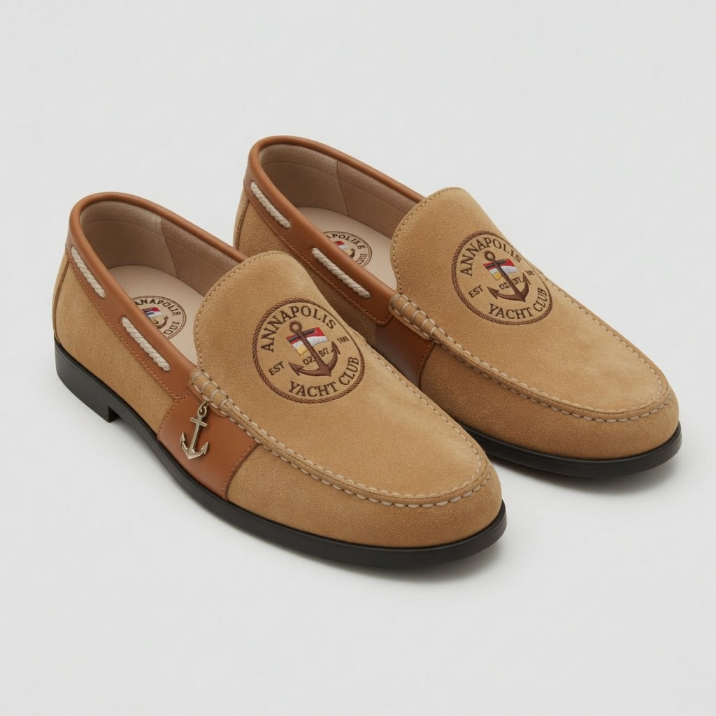 Annapolis Yacht Club sand suede nautical loafer with cognac trim and tone-blended anchor medallion crest