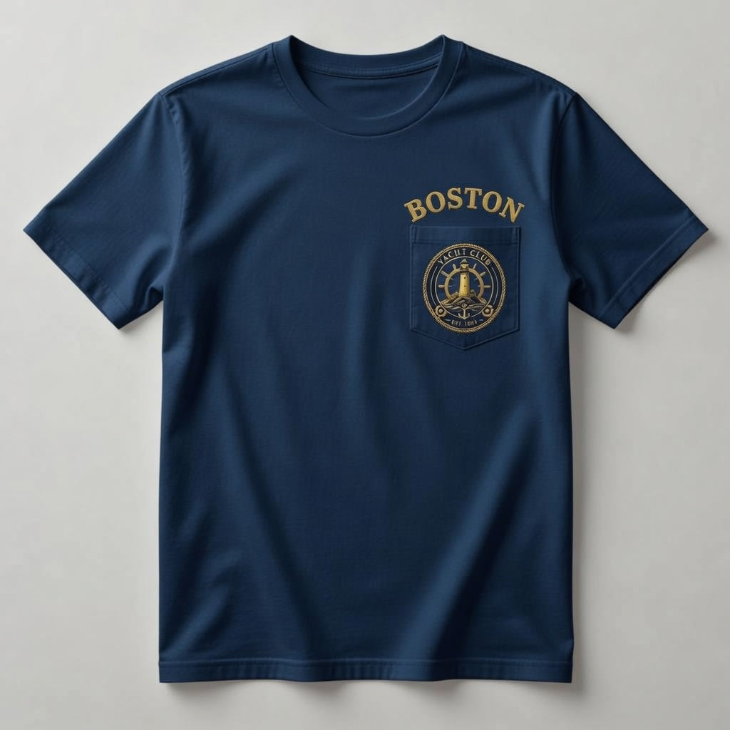 Boston Yacht Club navy pocket t-shirt front with gold arched BOSTON lettering and gold chest pocket crest logo