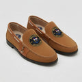 Miami Yacht Club tan suede nautical loafer with cognac trim and navy gold nautical flag medallion crest and gold anchor charm