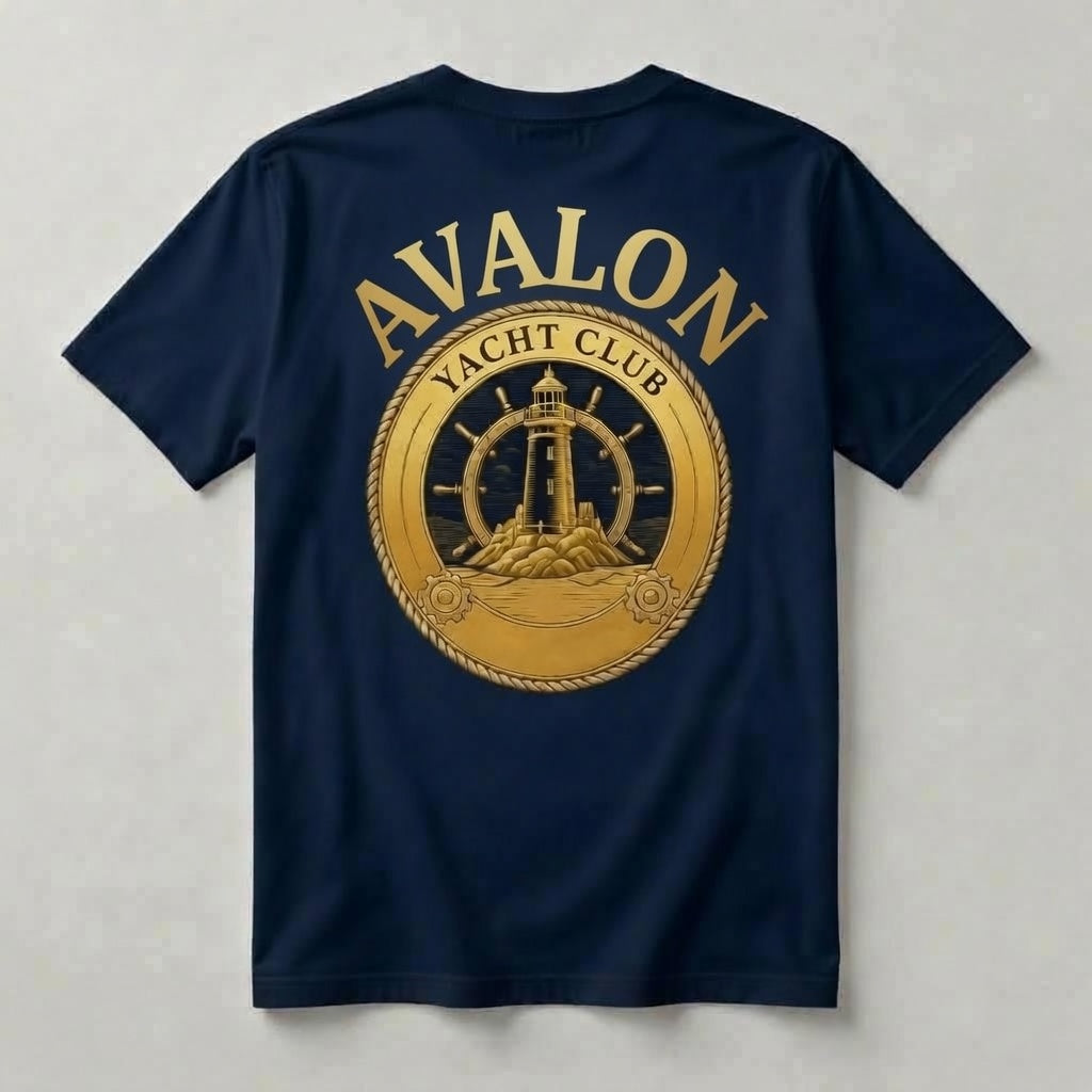 Avalon Yacht Club navy t-shirt back with oversized all-gold AVALON YACHT CLUB lighthouse ship's wheel medallion graphic