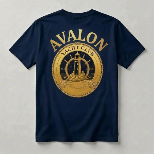 Avalon Yacht Club navy t-shirt back with oversized all-gold AVALON YACHT CLUB lighthouse ship's wheel medallion graphic