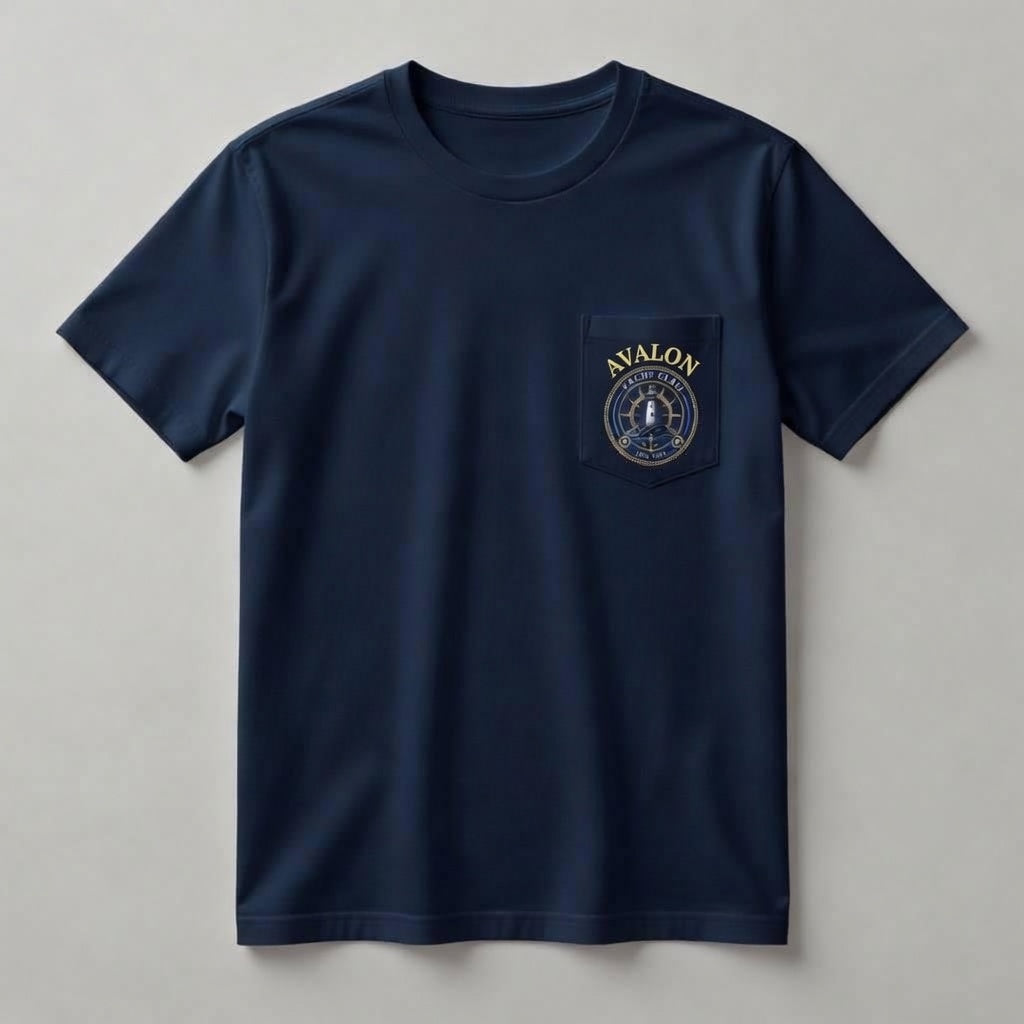 Avalon Yacht Club navy pocket t-shirt front with gold AVALON lettering and gold chest pocket crest logo