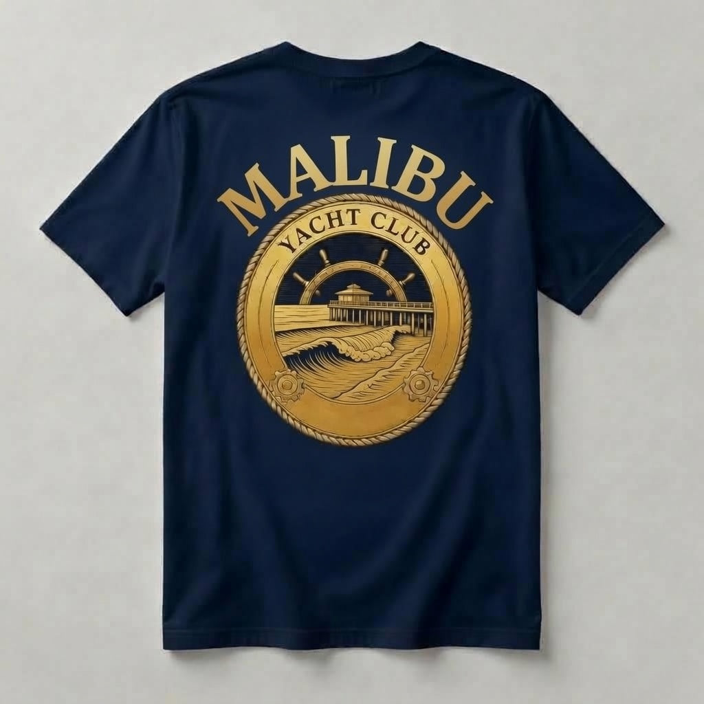 Malibu Yacht Club navy t-shirt back with oversized all-gold MALIBU YACHT CLUB Pier waves ship's wheel medallion graphic