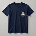 Malibu Yacht Club navy pocket t-shirt front with gold MALIBU YACHT CLUB yacht crest logo on chest pocket