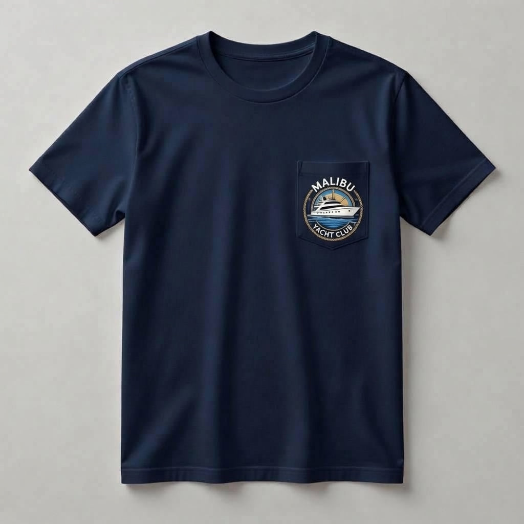 Malibu Yacht Club navy pocket t-shirt front with gold MALIBU YACHT CLUB yacht crest logo on chest pocket