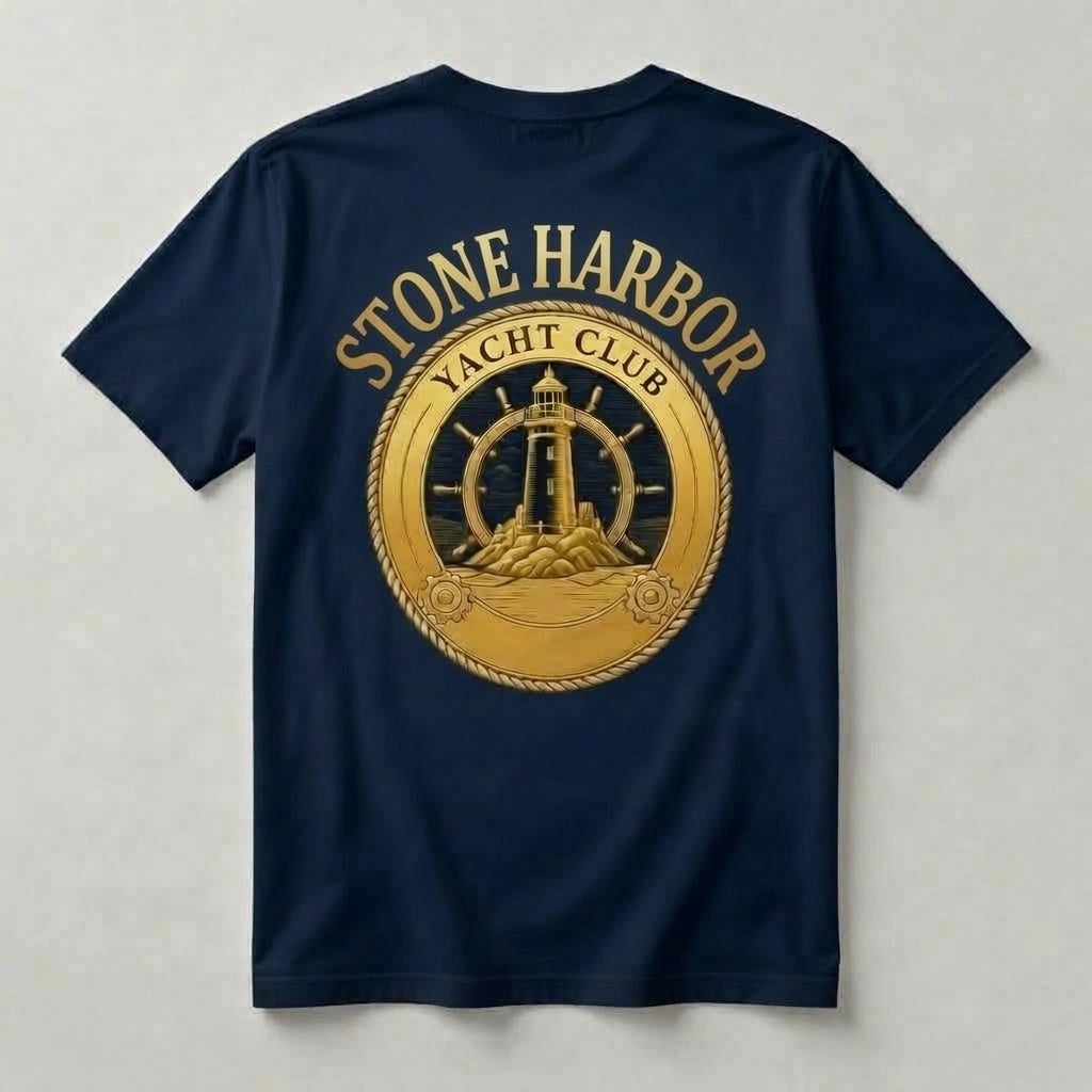 Stone Harbor Yacht Club navy t-shirt back with oversized all-gold STONE HARBOR YACHT CLUB lighthouse ship's wheel medallion graphic