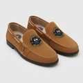 Annapolis Yacht Club tan suede nautical loafer with embroidered nautical flag anchor medallion and gold anchor charm