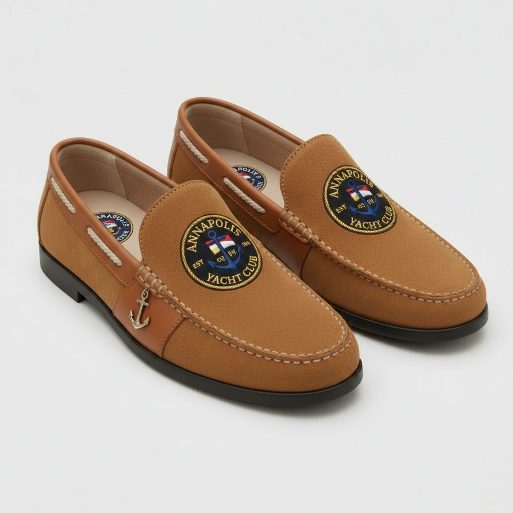 Annapolis Yacht Club tan suede nautical loafer with embroidered nautical flag anchor medallion and gold anchor charm