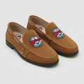 Jersey Shore Yacht Club tan suede nautical loafer with red white blue anchor medallion and gold anchor charm
