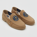 Ocean City Yacht Club tan leather nautical loafer with navy and gold anchor medallion crest and gold anchor charm