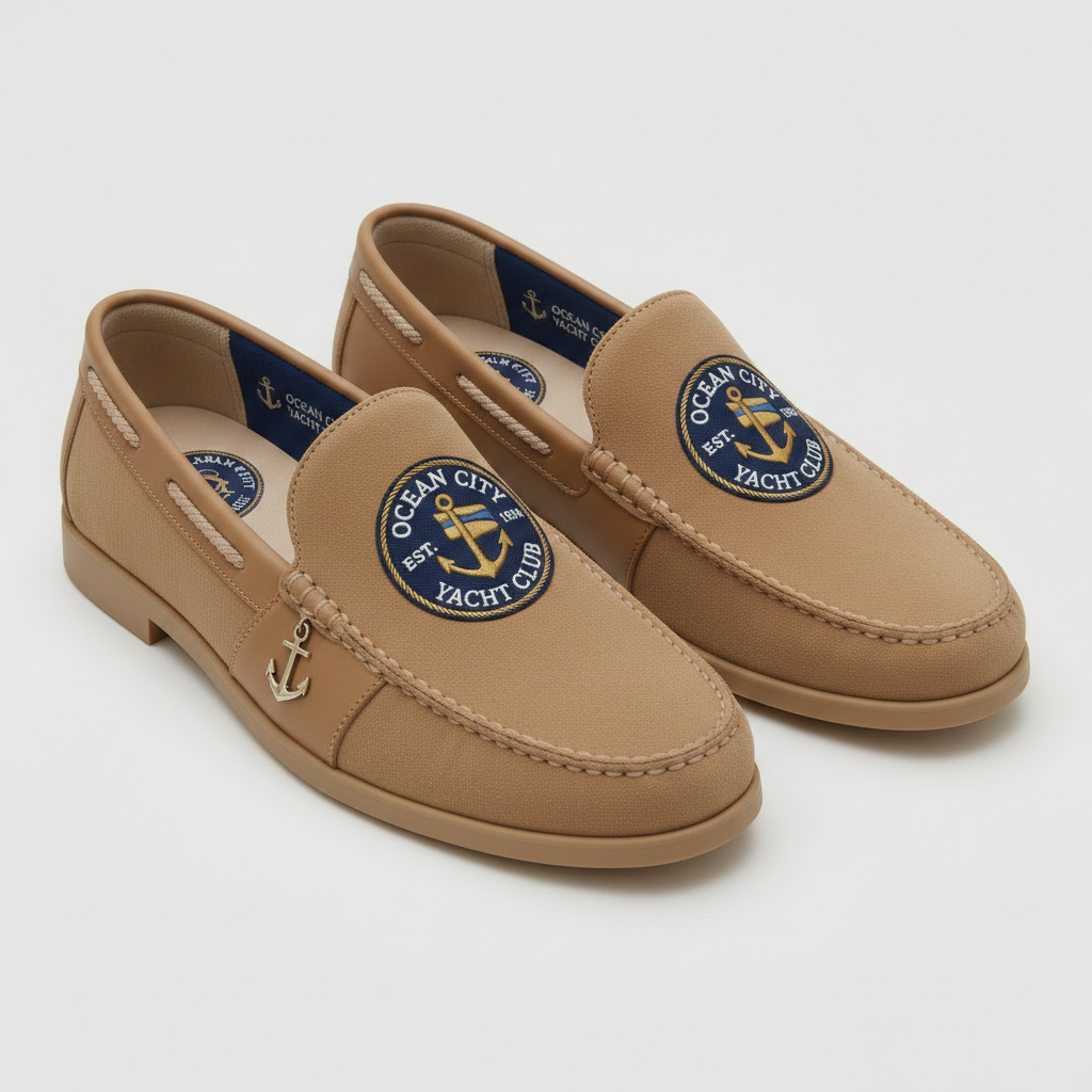 Ocean City Yacht Club tan leather nautical loafer with navy and gold anchor medallion crest and gold anchor charm