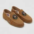 USA Yacht Club tan leather nautical loafer with embroidered American flag anchor medallion and gold anchor charm