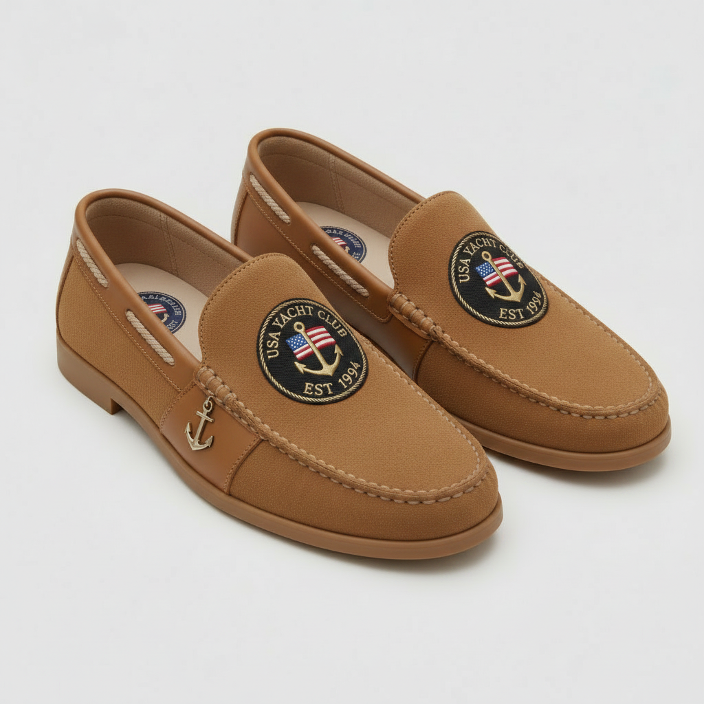 USA Yacht Club tan leather nautical loafer with embroidered American flag anchor medallion and gold anchor charm