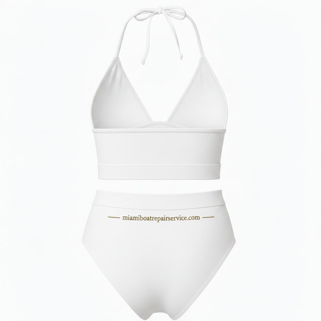 White halter bikini set with gold miamiboatrepairservice.com branding
