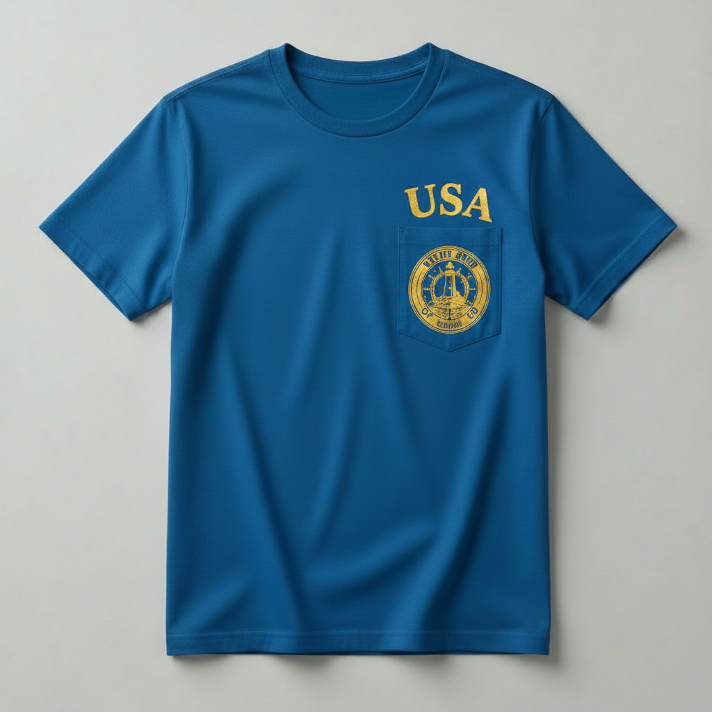 USA Yacht Club royal blue pocket t-shirt front with gold USA lettering and gold chest pocket crest logo