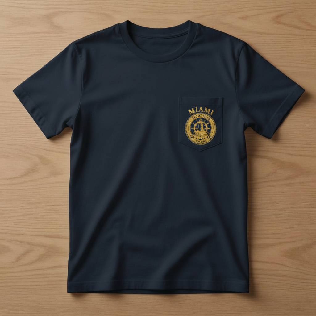 Miami Yacht Club navy pocket t-shirt front with gold MIAMI lettering and gold chest pocket crest logo
