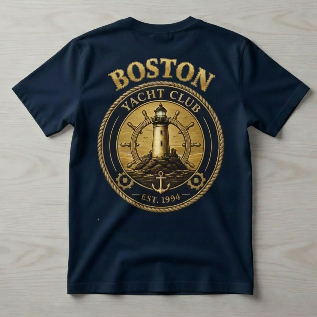 Boston Yacht Club navy t-shirt back with full gold BOSTON lighthouse ship's wheel graphic and bostonboatrepairservice.com