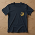 Miami Yacht Club navy pocket t-shirt front with all-gold MIAMI lettering and embossed gold chest pocket crest logo