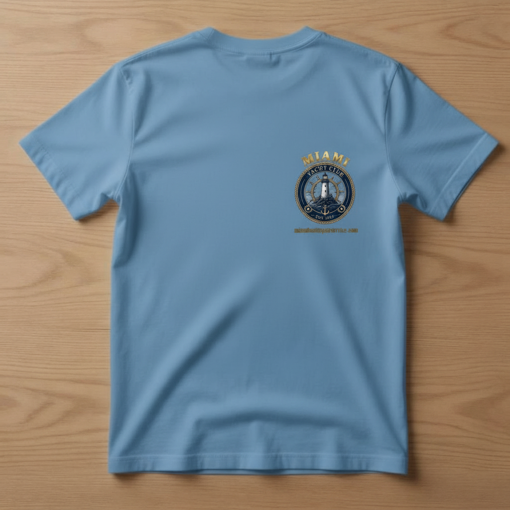 Miami Yacht Club light blue pocket t-shirt front with gold MIAMI lettering and navy gold chest pocket crest logo