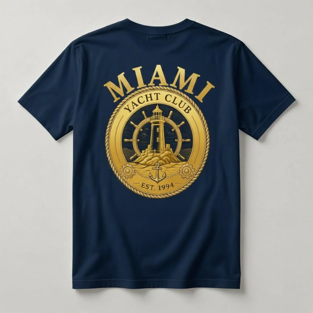 Miami Yacht Club navy t-shirt back with oversized all-gold MIAMI YACHT CLUB lighthouse ship's wheel medallion graphic Est. 1994