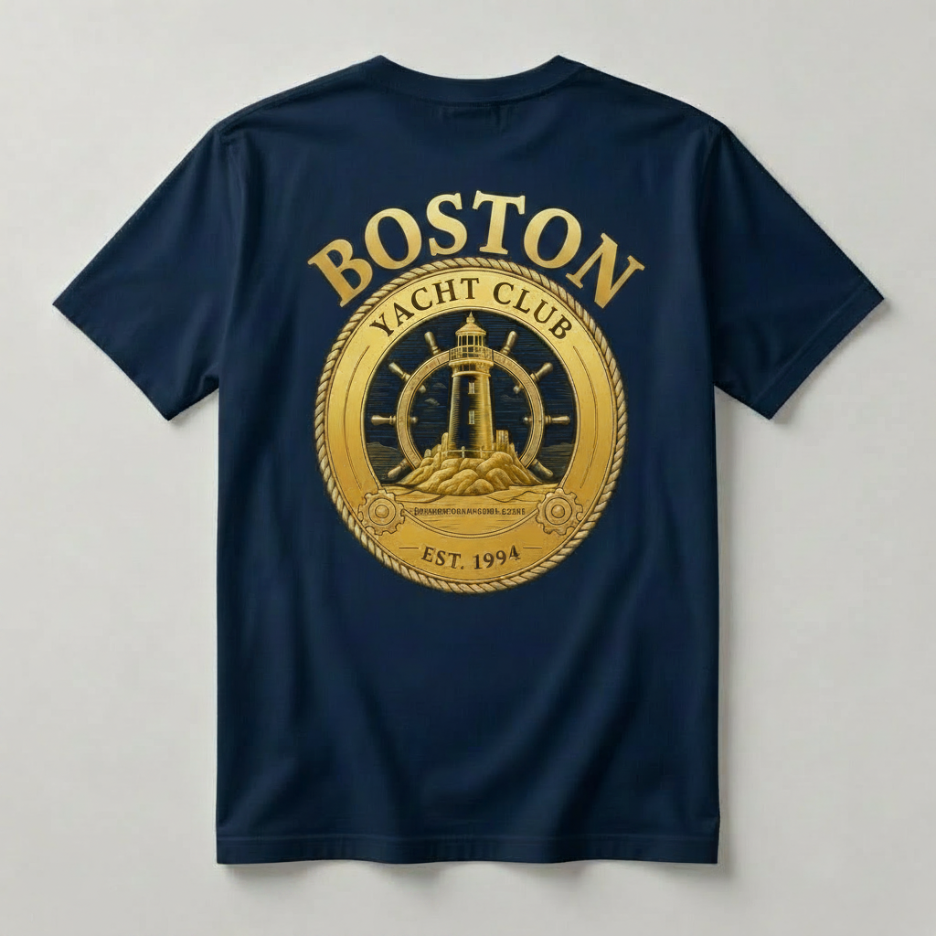 Boston Yacht Club navy t-shirt back with oversized all-gold BOSTON YACHT CLUB lighthouse ship's wheel medallion graphic Est. 1994