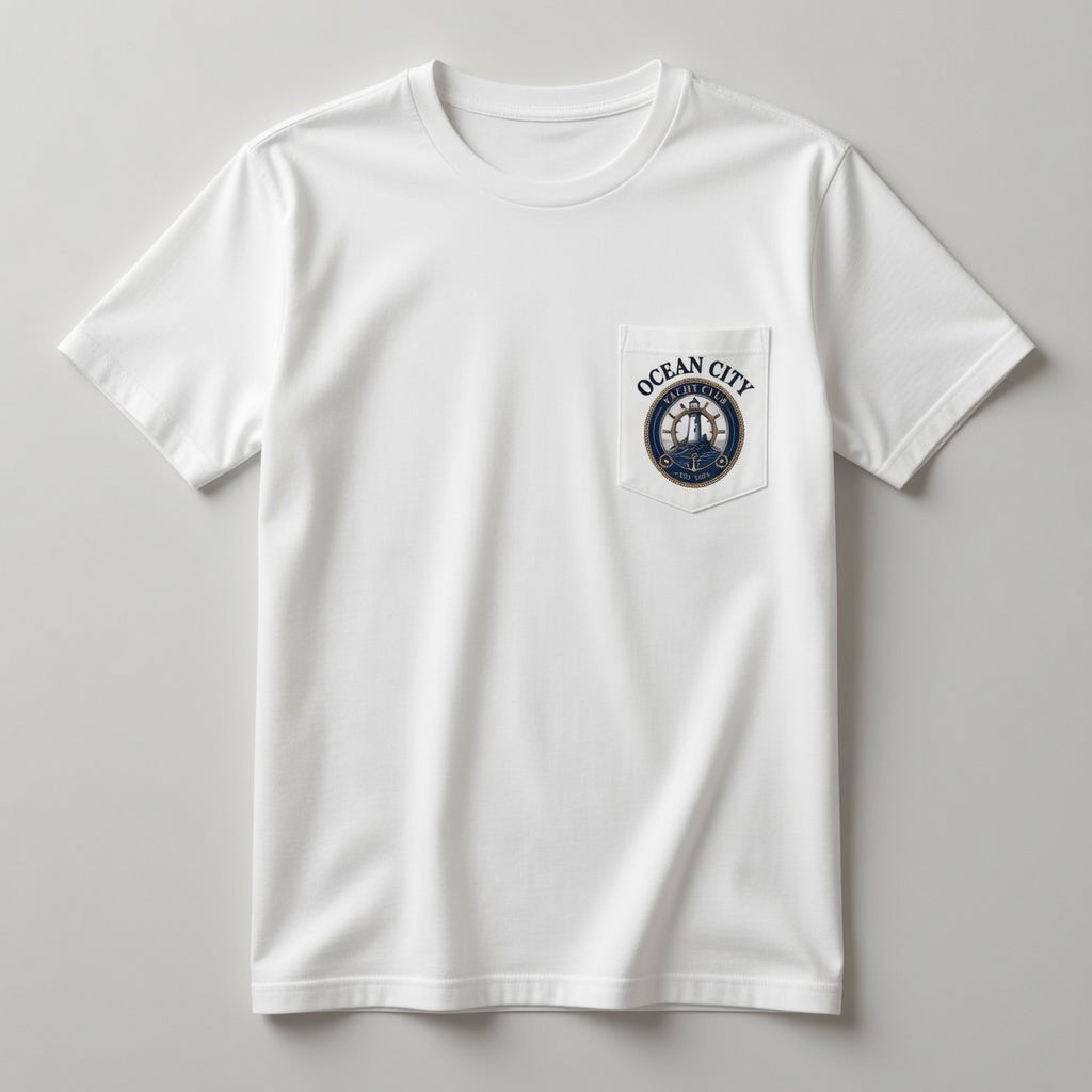 Ocean City Yacht Club white pocket t-shirt front with chest pocket crest logo