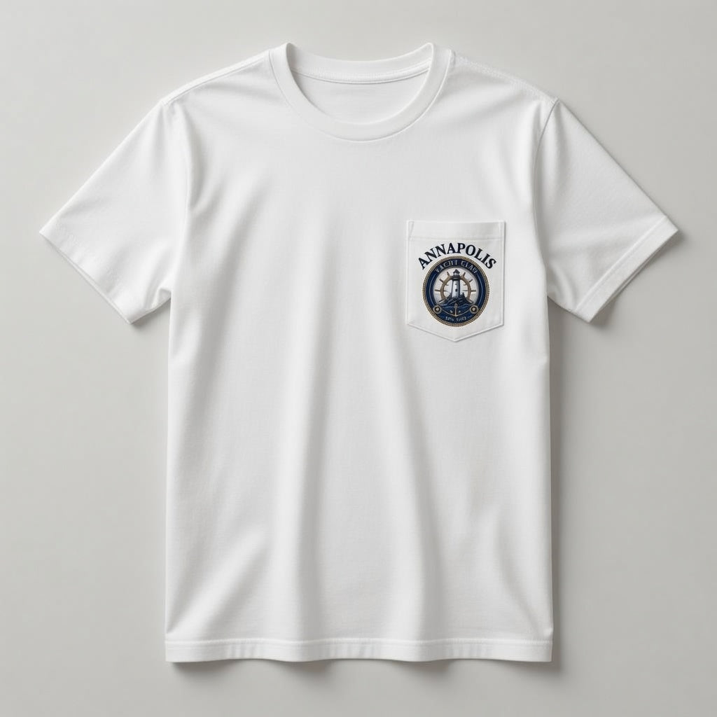 Annapolis Yacht Club white pocket t-shirt front with chest pocket crest logo