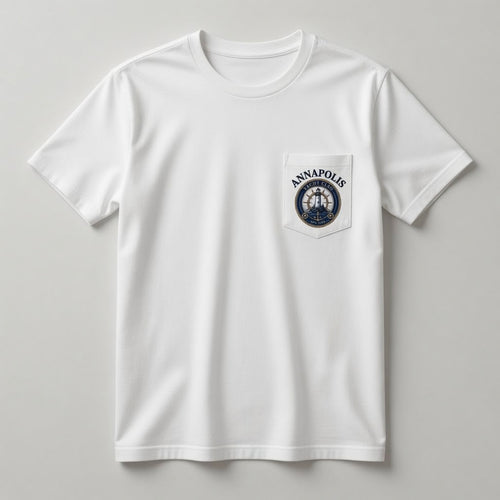 Annapolis Yacht Club white pocket t-shirt front with chest pocket crest logo