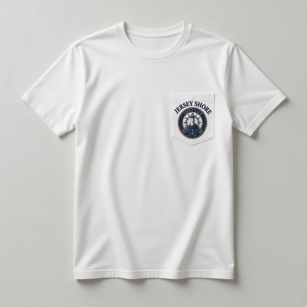 Jersey Shore Yacht Club white pocket t-shirt front with chest pocket crest logo