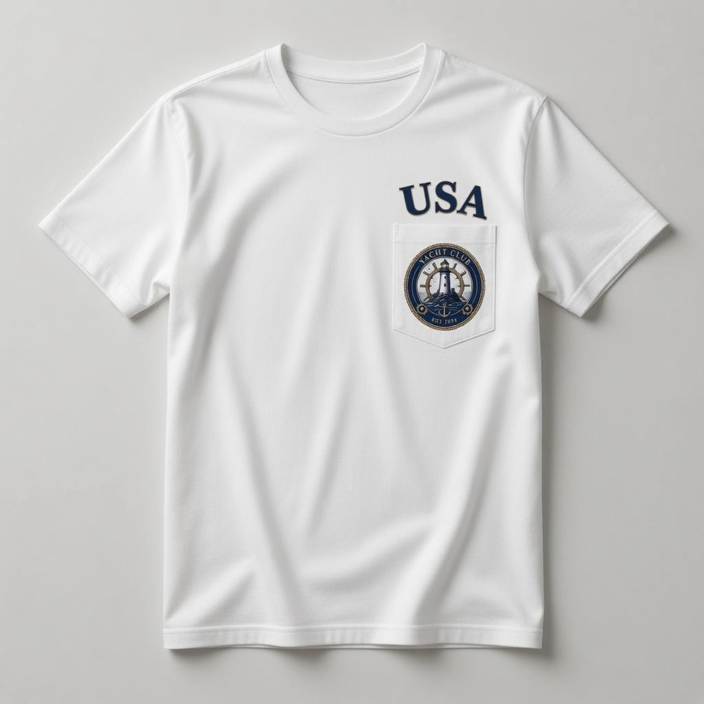 USA Yacht Club white pocket t-shirt front with USA lettering and chest pocket crest logo