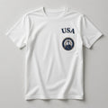 USA Yacht Club white pocket t-shirt front with USA lettering and chest pocket crest logo