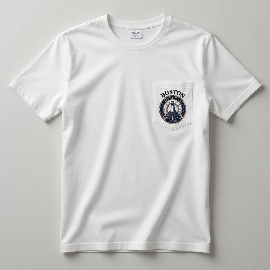 Boston Yacht Club white pocket t-shirt front with BOSTON lettering and chest pocket crest logo