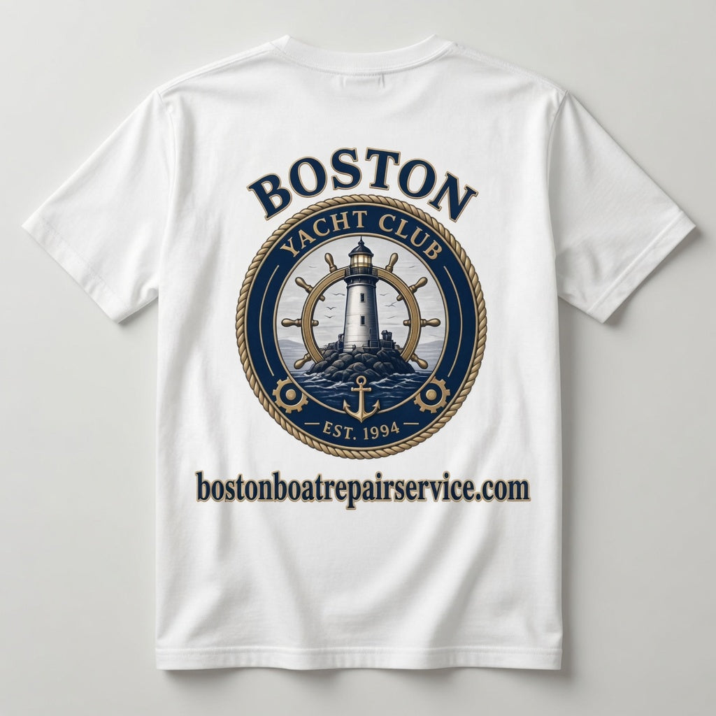 Boston Yacht Club white t-shirt back with bold BOSTON lighthouse ship's wheel graphic and bostonboatrepairservice.com