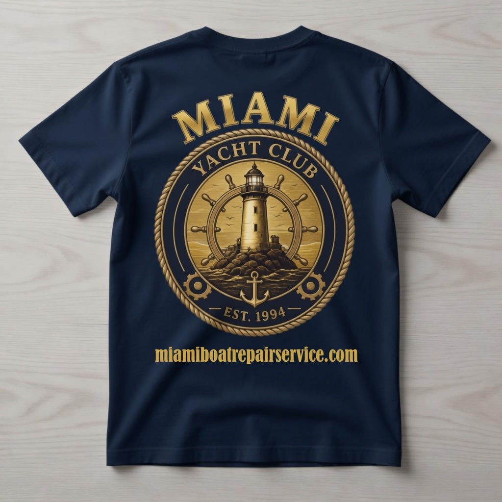 Miami Yacht Club navy t-shirt back with full gold lighthouse ship's wheel graphic and miamiboatrepairservice.com