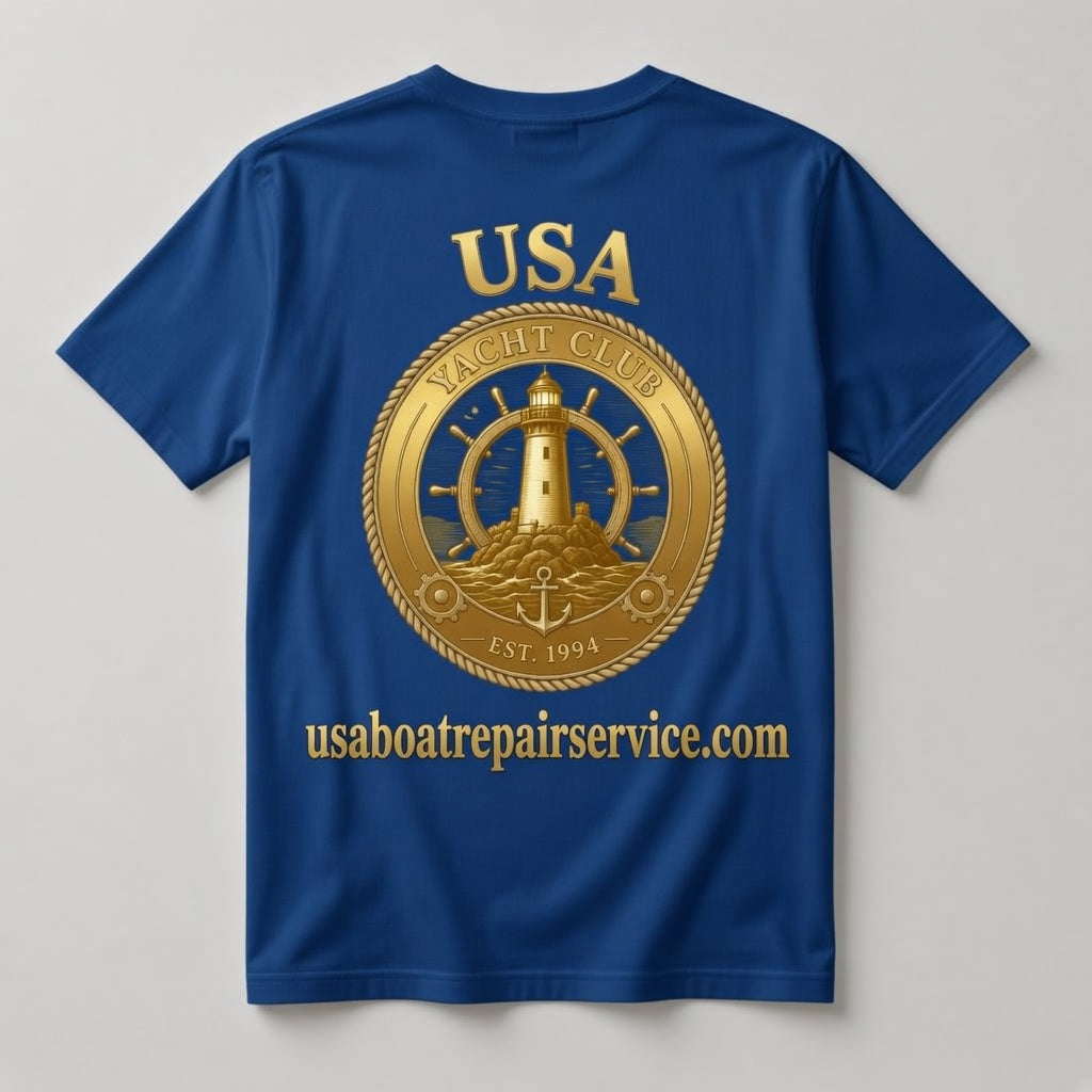 USA Yacht Club royal blue t-shirt back with full gold lighthouse ship's wheel graphic and usaboatrepairservice.com