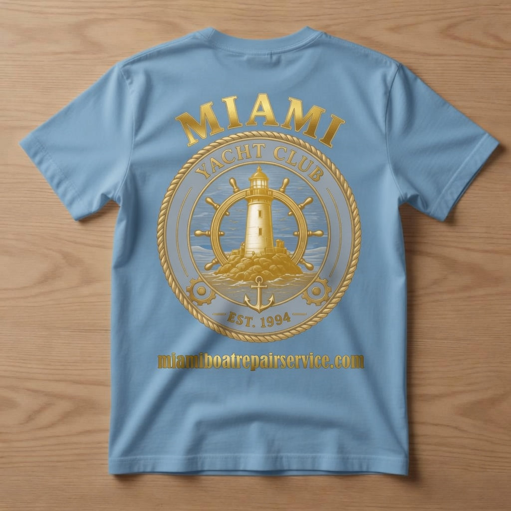 Miami Yacht Club light blue t-shirt back with full gold lighthouse ship's wheel graphic and miamiboatrepairservice.com