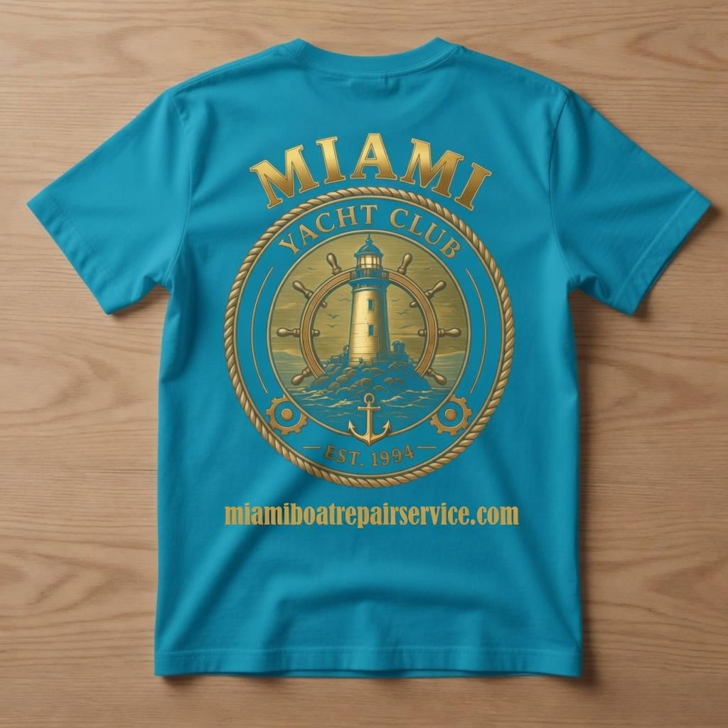 Miami Yacht Club turquoise t-shirt back with full gold lighthouse ship's wheel graphic and miamiboatrepairservice.com
