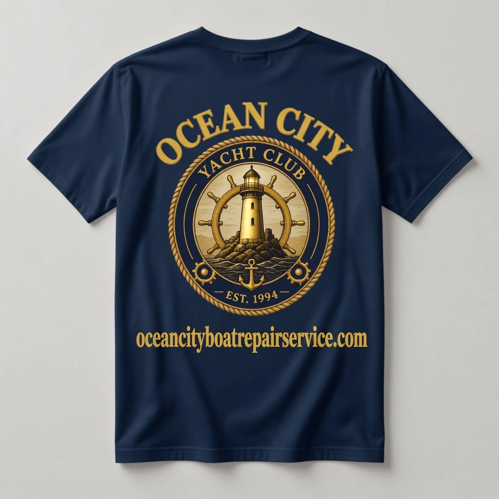 Ocean City Yacht Club navy t-shirt back with full gold OCEAN CITY lighthouse ship's wheel graphic and oceancityboatrepairservice.com
