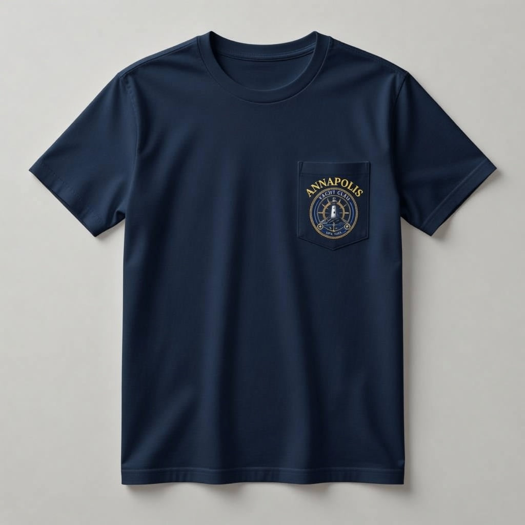Annapolis Yacht Club navy pocket t-shirt front with gold ANNAPOLIS lettering and gold chest pocket crest logo