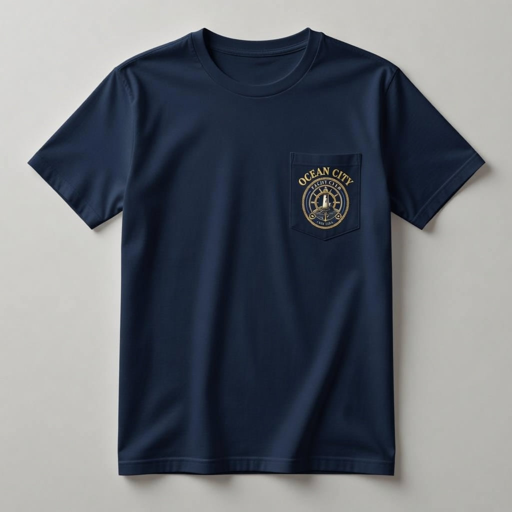 Ocean City Yacht Club navy pocket t-shirt front with gold OCEAN CITY lettering and gold chest pocket crest logo