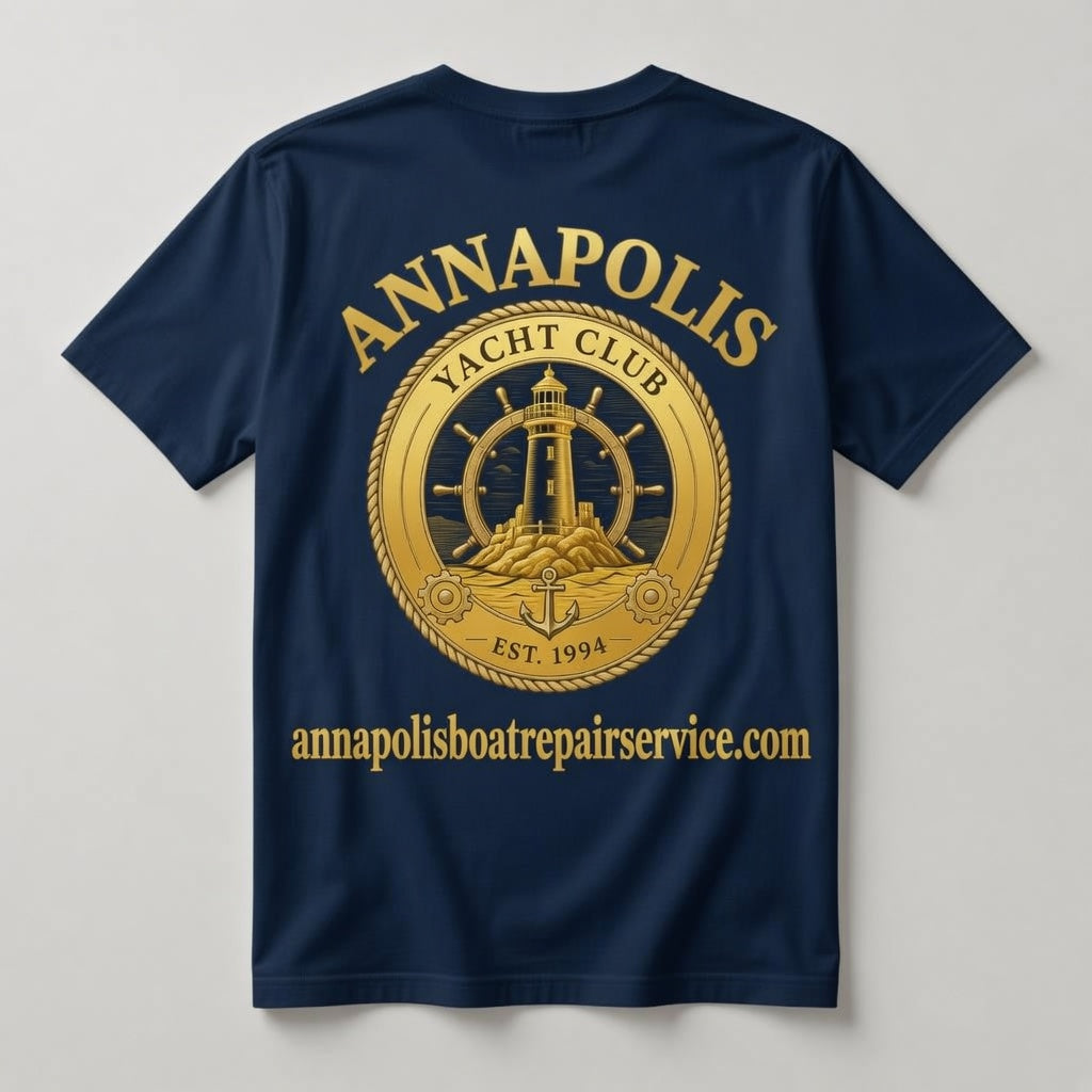 Annapolis Yacht Club navy t-shirt back with full gold ANNAPOLIS lighthouse ship's wheel graphic and annapolisboatrepairservice.com