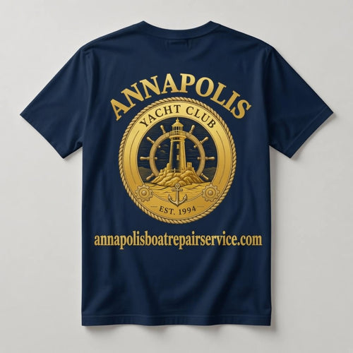 Annapolis Yacht Club navy t-shirt back with full gold ANNAPOLIS lighthouse ship's wheel graphic and annapolisboatrepairservice.com