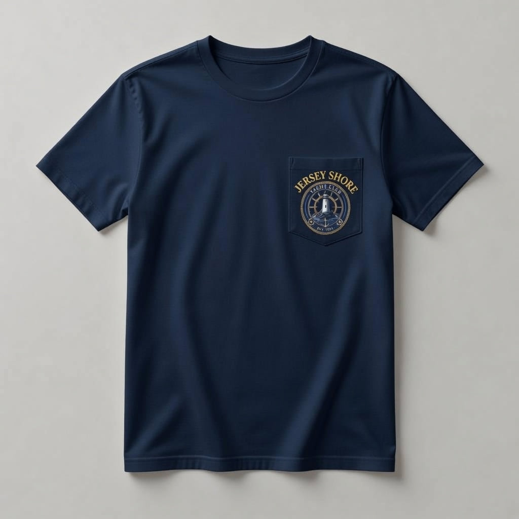Jersey Shore Yacht Club navy pocket t-shirt front with gold JERSEY SHORE lettering and gold chest pocket crest logo